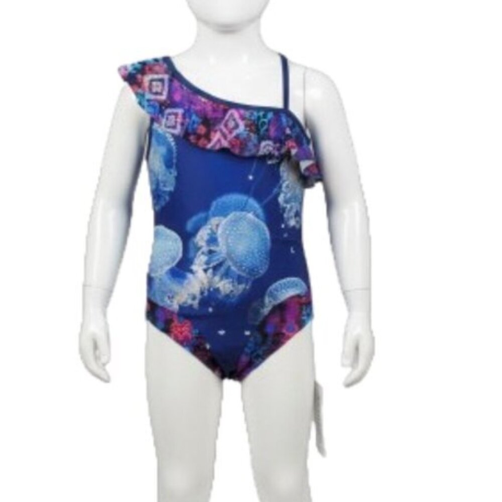 Kids These Days Jellyfish One Piece Swimsuit Girls 12 Navy Pink Graphic